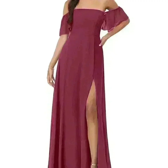 Azazie Sue A-Line Off the Shoulder Chiffon Floor-Length Dress Mulberry- Size: A4 - Picture 1 of 13